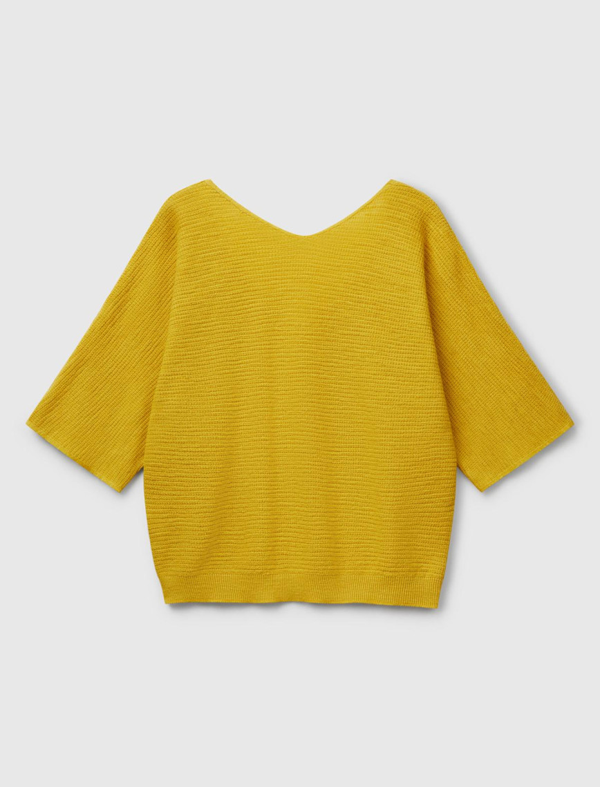 Kadın Sarı Pamuk ve Keten Karışımlı Çizgili Dikişsiz V Yaka Kısa Kollu Üst Kadın Sarı Pamuk ve Keten Karışımlı Çizgili Dikişsiz V Yaka Kısa Kollu Üst