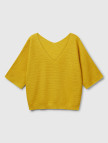 Kadın Sarı Pamuk ve Keten Karışımlı Çizgili Dikişsiz V Yaka Kısa Kollu Üst Kadın Sarı Pamuk ve Keten Karışımlı Çizgili Dikişsiz V Yaka Kısa Kollu Üst