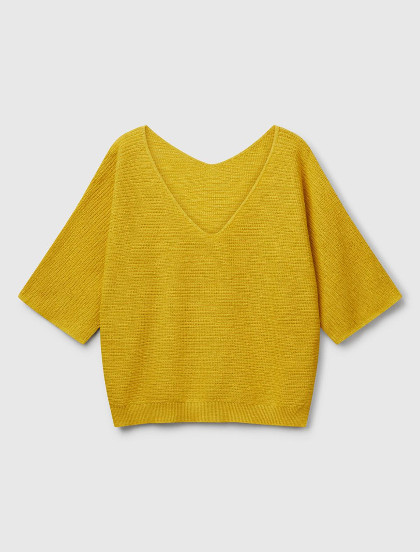 Kadın Sarı Pamuk ve Keten Karışımlı Çizgili Dikişsiz V Yaka Kısa Kollu Üst Kadın Sarı Pamuk ve Keten Karışımlı Çizgili Dikişsiz V Yaka Kısa Kollu Üst