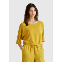 Kadın Sarı Pamuk ve Keten Karışımlı Çizgili Dikişsiz V Yaka Kısa Kollu Üst Kadın Sarı Pamuk ve Keten Karışımlı Çizgili Dikişsiz V Yaka Kısa Kollu Üst