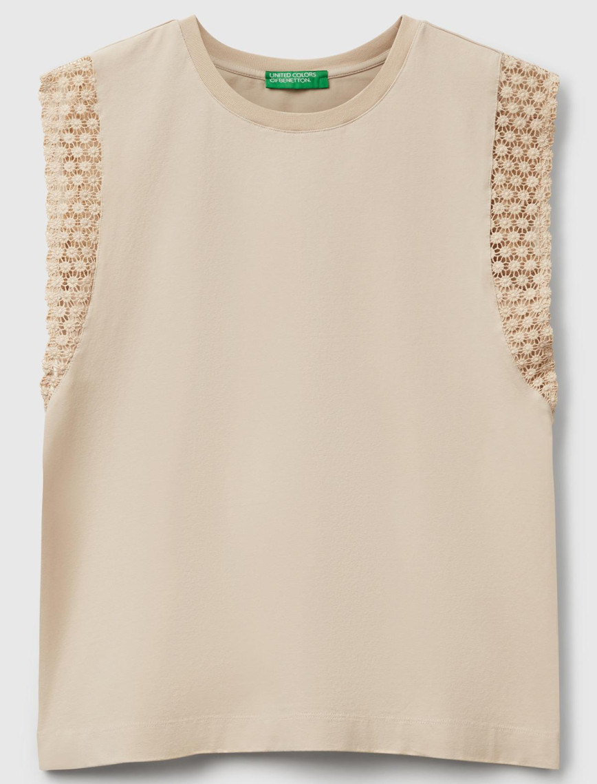 Kadın Taş Rengi Dantel Detaylı Kolsuz Esnek T-Shirt