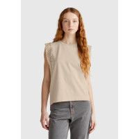 Kadın Taş Rengi Dantel Detaylı Kolsuz Esnek T-Shirt