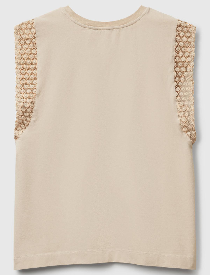 Kadın Taş Rengi Dantel Detaylı Kolsuz Esnek T-Shirt