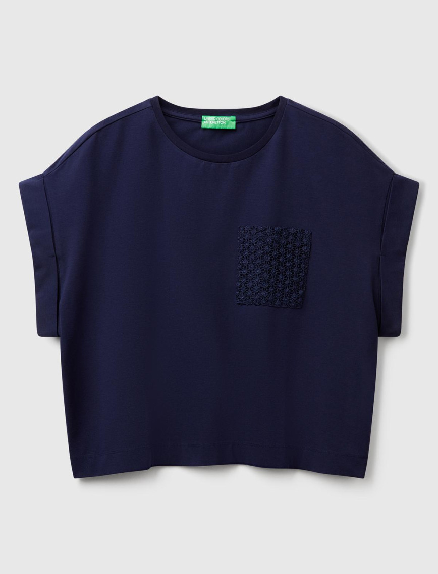 Kadın Lacivert Dantel Detaylı Kısa Kol Esnek T-Shirt