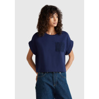 Kadın Lacivert Dantel Detaylı Kısa Kol Esnek T-Shirt