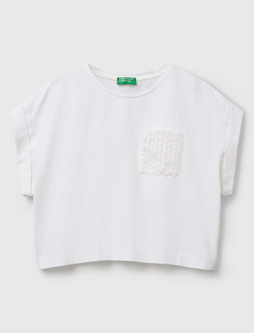 Kadın Beyaz Dantel Detaylı Kısa Kol Esnek T-Shirt