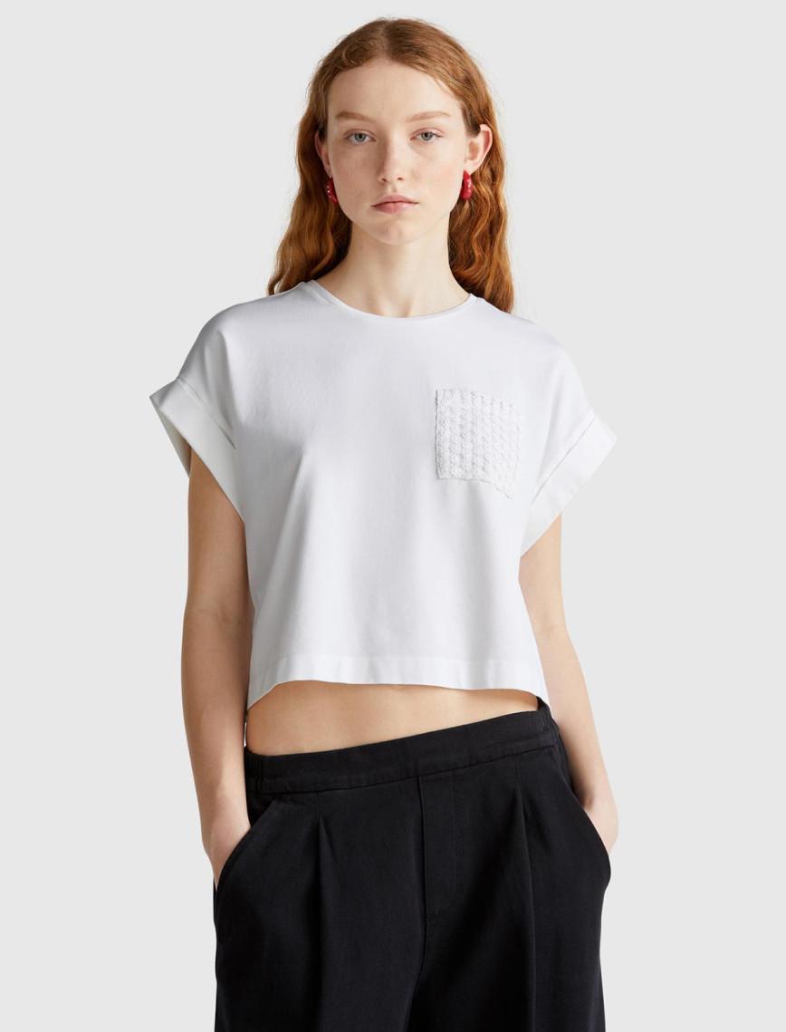 Kadın Beyaz Dantel Detaylı Kısa Kol Esnek T-Shirt