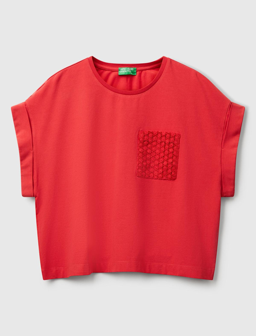 Kadın Mercan Dantel Detaylı Kısa Kol Esnek T-Shirt