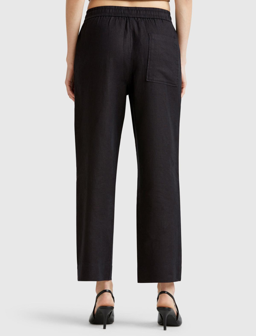 Kadın Siyah %100 Keten Büzgü İpli Cepli  Pantolon