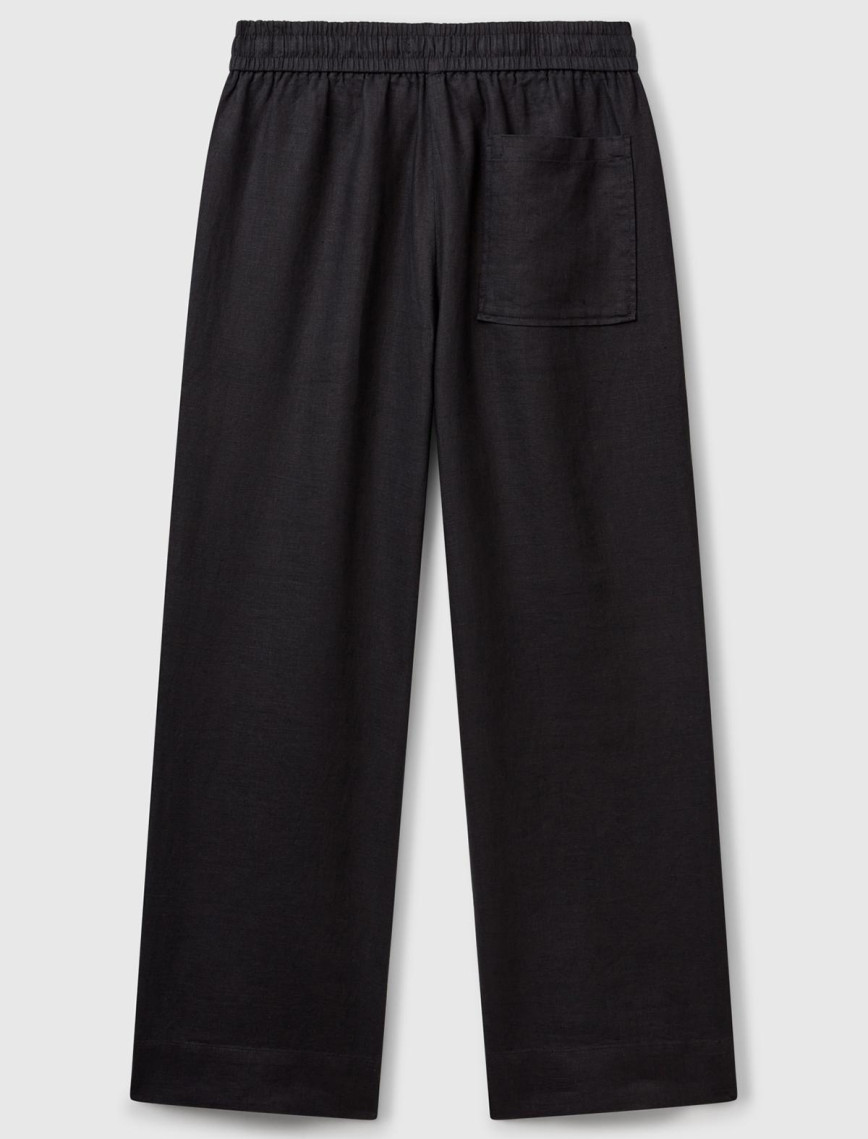 Kadın Siyah %100 Keten Büzgü İpli Cepli  Pantolon