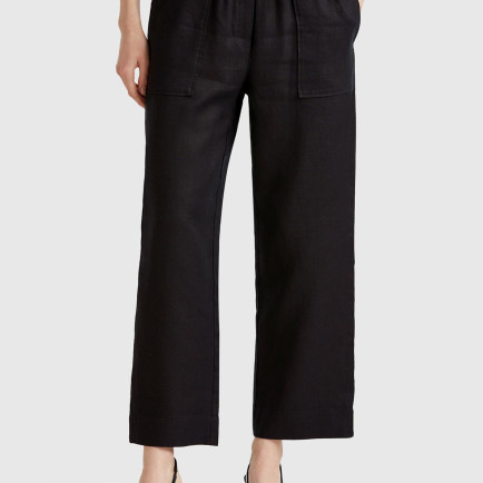 Kadın Siyah %100 Keten Büzgü İpli Cepli  Pantolon