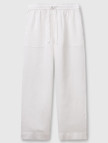 Kadın Beyaz %100 Keten Büzgü İpli Cepli  Pantolon