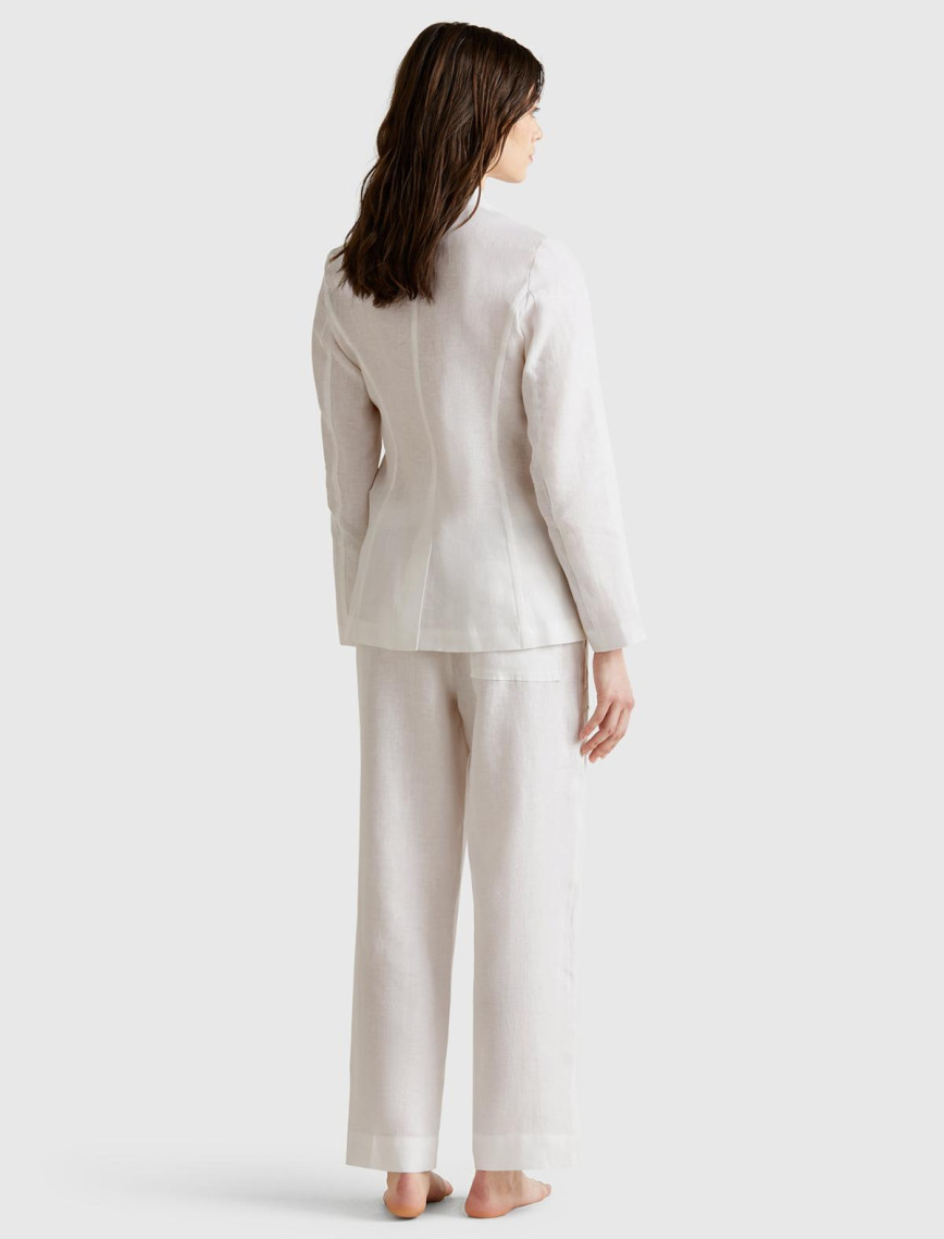 Kadın Beyaz %100 Keten Büzgü İpli Cepli  Pantolon