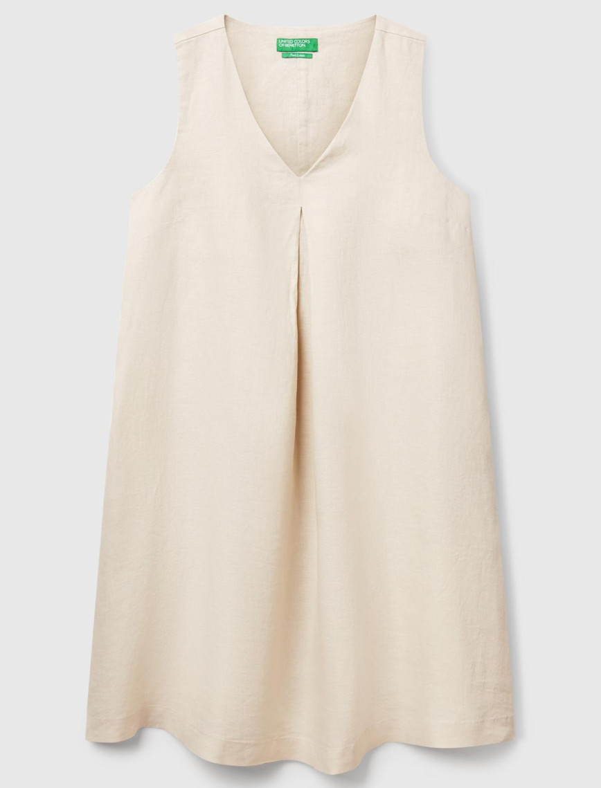 Kadın Taş Rengi %100 Keten Yanı Fermuarlı A Kesim V Yaka Kısa Elbise Kadın Taş Rengi %100 Keten Yanı Fermuarlı A Kesim V Yaka Kısa Elbise