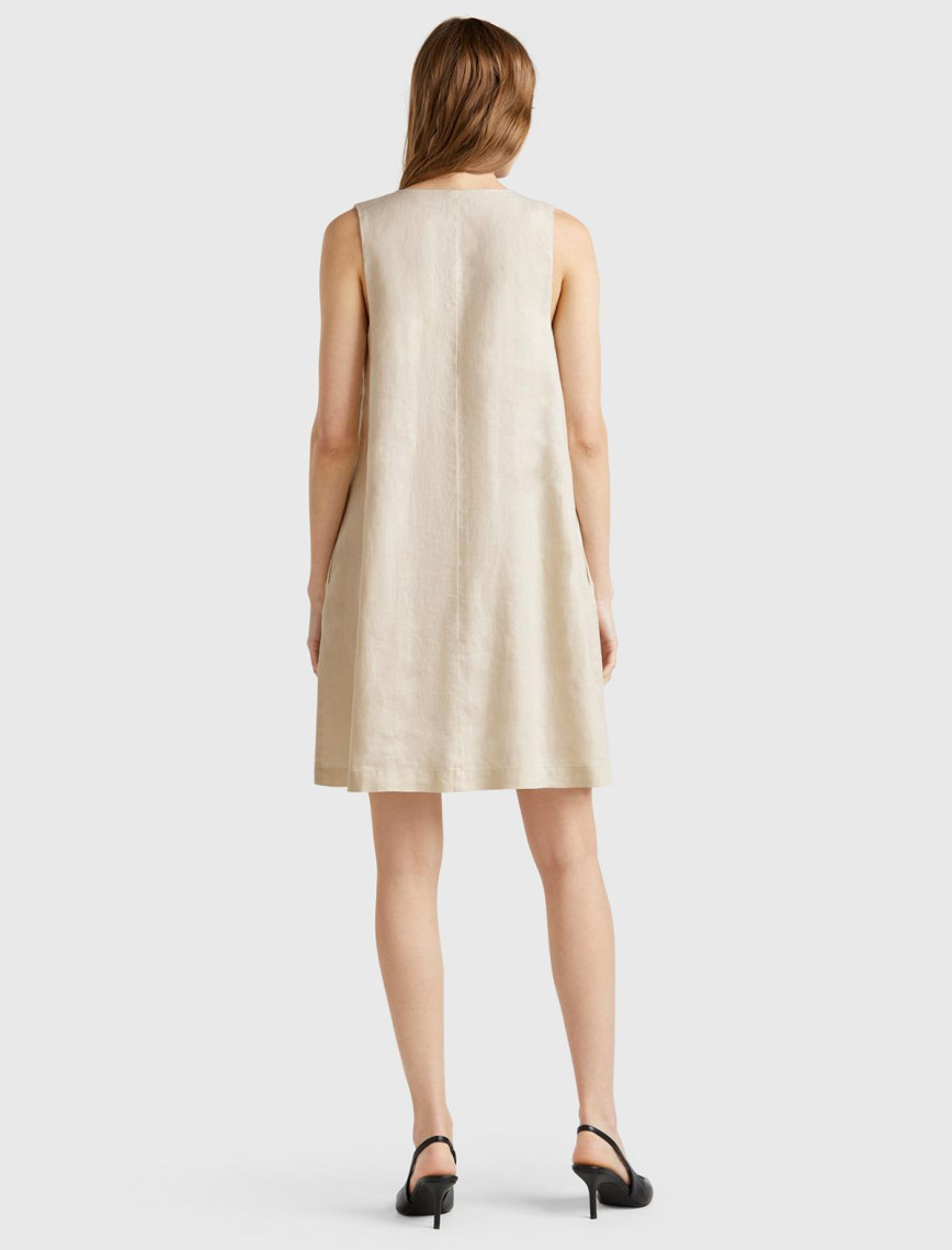 Kadın Taş Rengi %100 Keten Yanı Fermuarlı A Kesim V Yaka Kısa Elbise Kadın Taş Rengi %100 Keten Yanı Fermuarlı A Kesim V Yaka Kısa Elbise