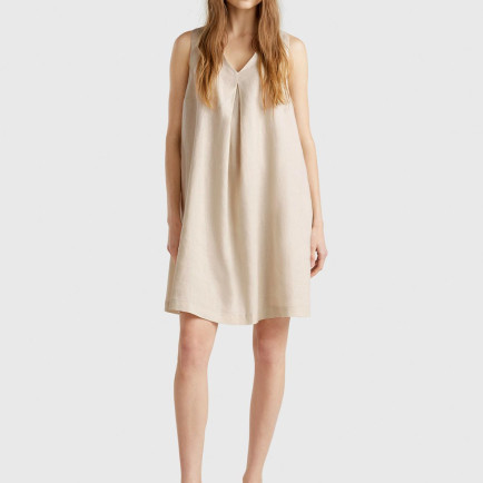 Kadın Taş Rengi %100 Keten Yanı Fermuarlı A Kesim V Yaka Kısa Elbise Kadın Taş Rengi %100 Keten Yanı Fermuarlı A Kesim V Yaka Kısa Elbise