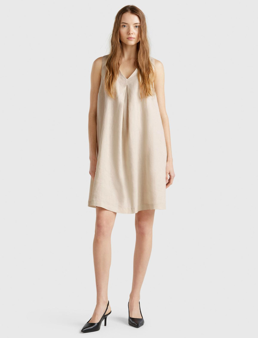 Kadın Taş Rengi %100 Keten Yanı Fermuarlı A Kesim V Yaka Kısa Elbise Kadın Taş Rengi %100 Keten Yanı Fermuarlı A Kesim V Yaka Kısa Elbise