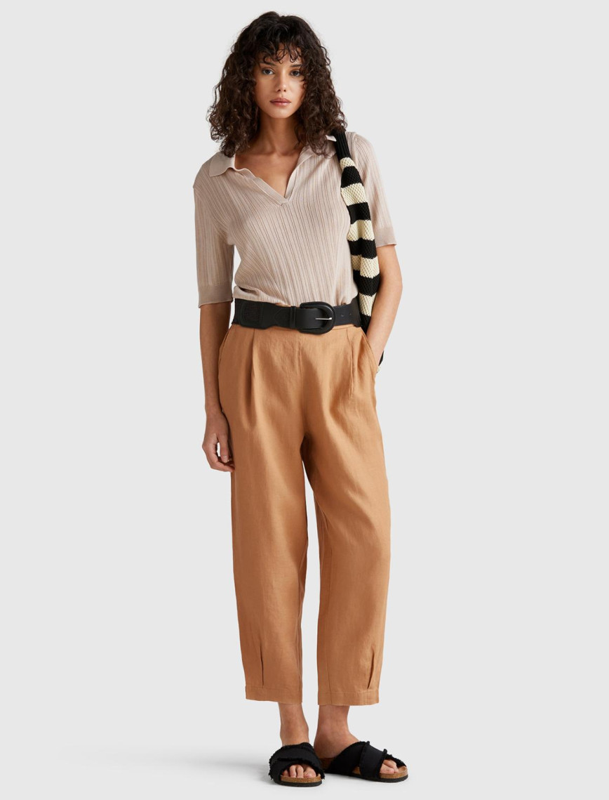 Kadın Bej %100 Keten Arka Beli Lastikli Paçası Dar Relax Fit Pantolon Kadın Bej %100 Keten Arka Beli Lastikli Paçası Dar Relax Fit Pantolon