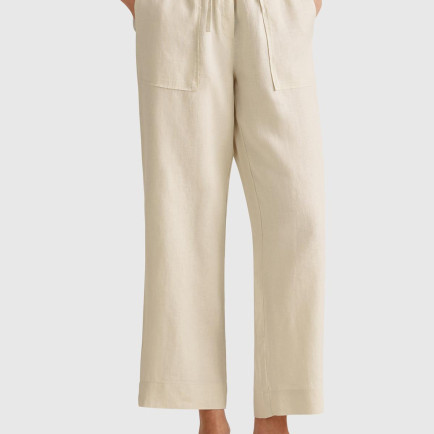 Kadın Taş Rengi %100 Keten Büzgü İpli Cepli  Pantolon