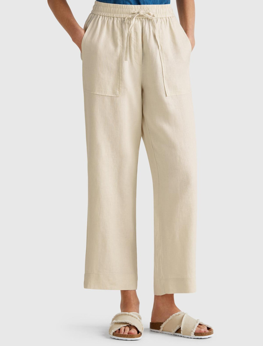 Kadın Taş Rengi %100 Keten Büzgü İpli Cepli  Pantolon