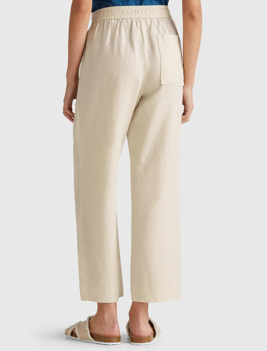 Kadın Taş Rengi %100 Keten Büzgü İpli Cepli  Pantolon