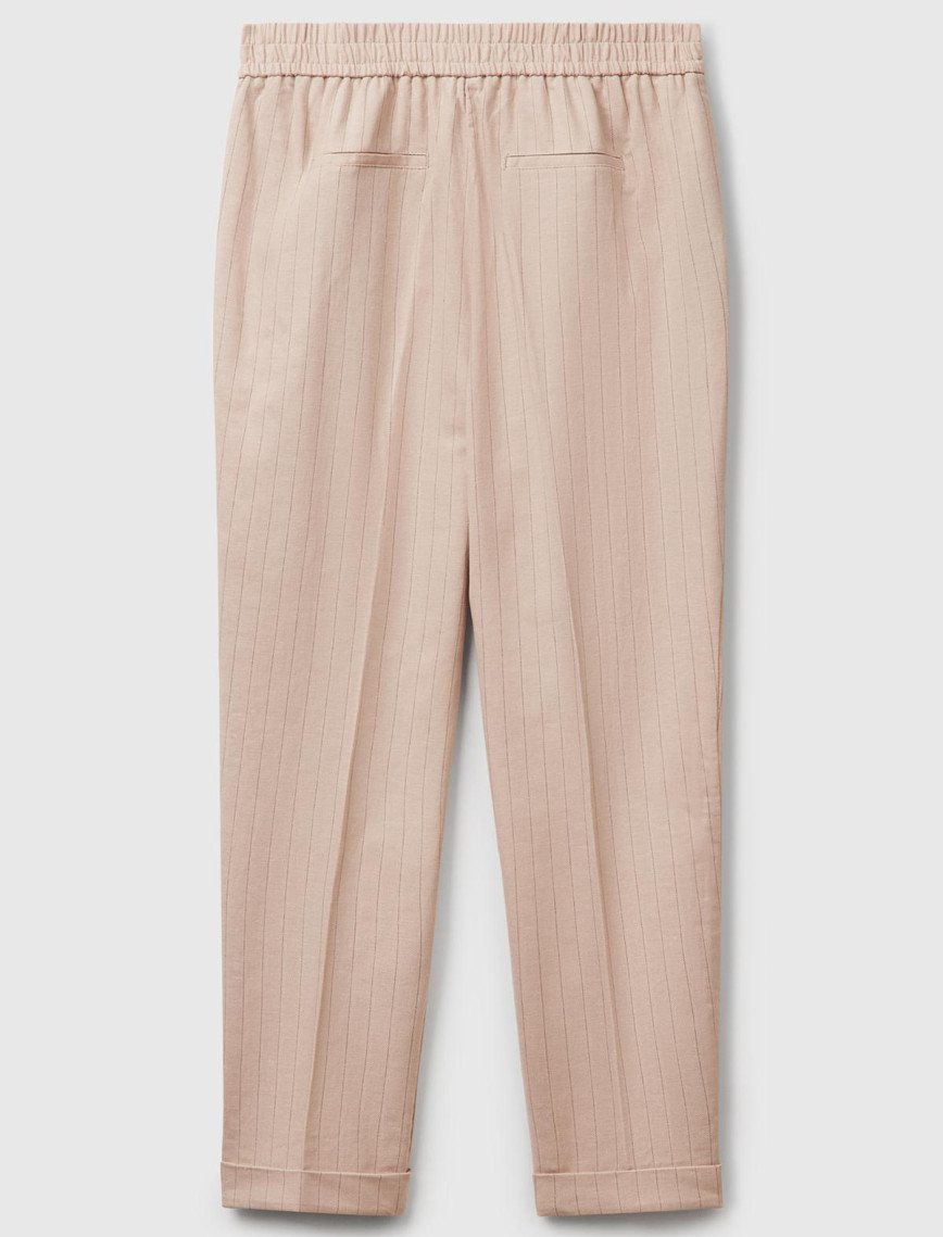 Kadın Bej Pamuk ve Keten Karışımlı İnce Çizgili Regular Fit Pantolon Kadın Bej Pamuk ve Keten Karışımlı İnce Çizgili Regular Fit Pantolon