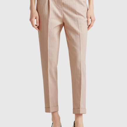 Kadın Bej Pamuk ve Keten Karışımlı İnce Çizgili Regular Fit Pantolon