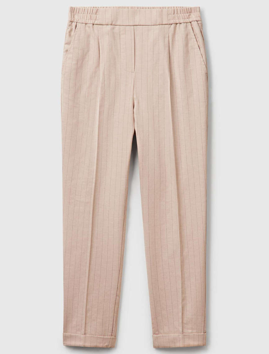 Kadın Bej Pamuk ve Keten Karışımlı İnce Çizgili Regular Fit Pantolon Kadın Bej Pamuk ve Keten Karışımlı İnce Çizgili Regular Fit Pantolon