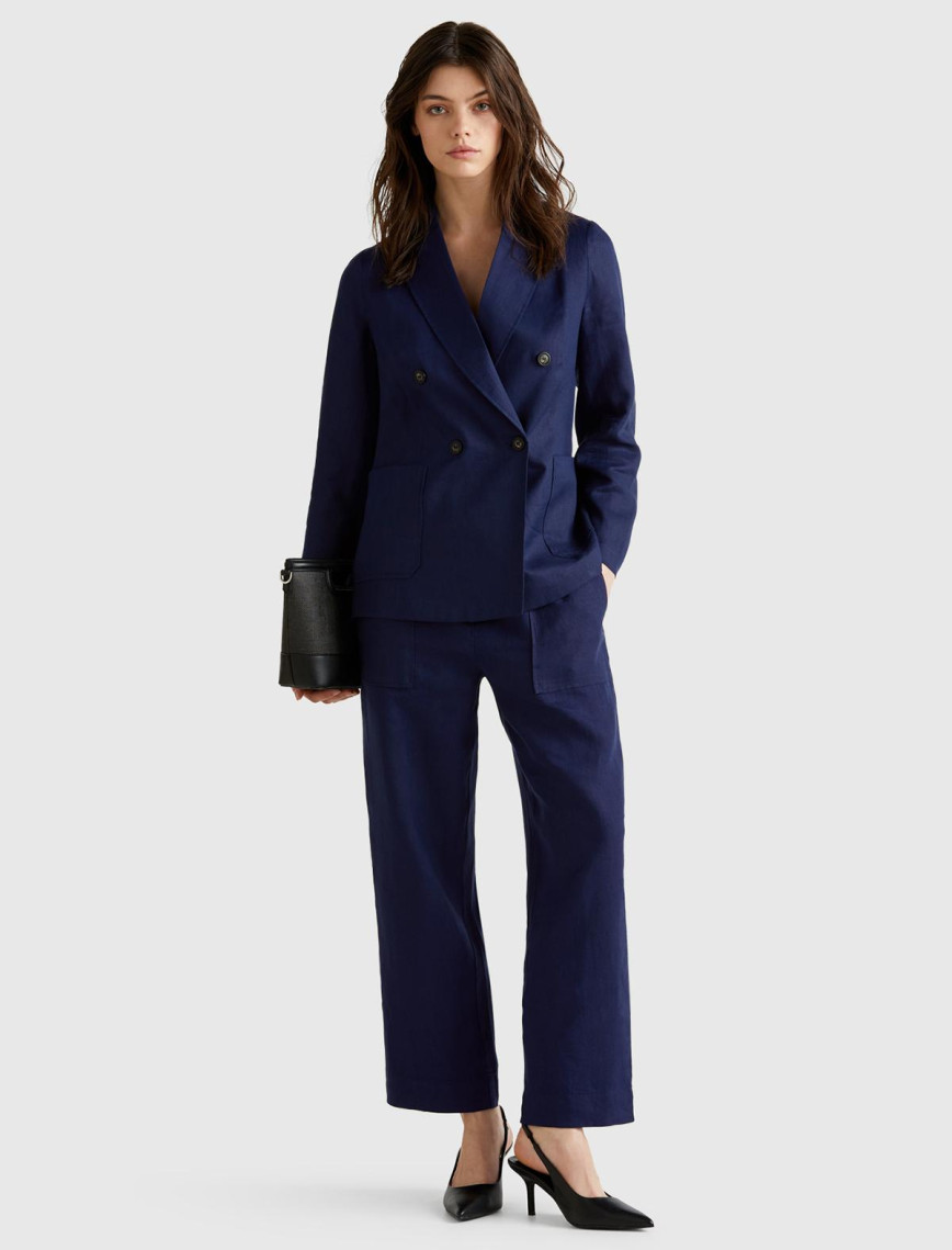 Kadın Lacivert %100 Keten Büzgü İpli Cepli  Pantolon