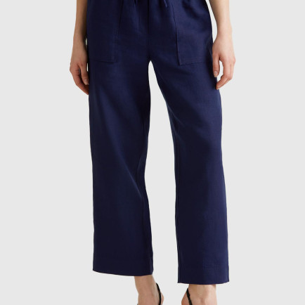 Kadın Lacivert %100 Keten Büzgü İpli Cepli  Pantolon