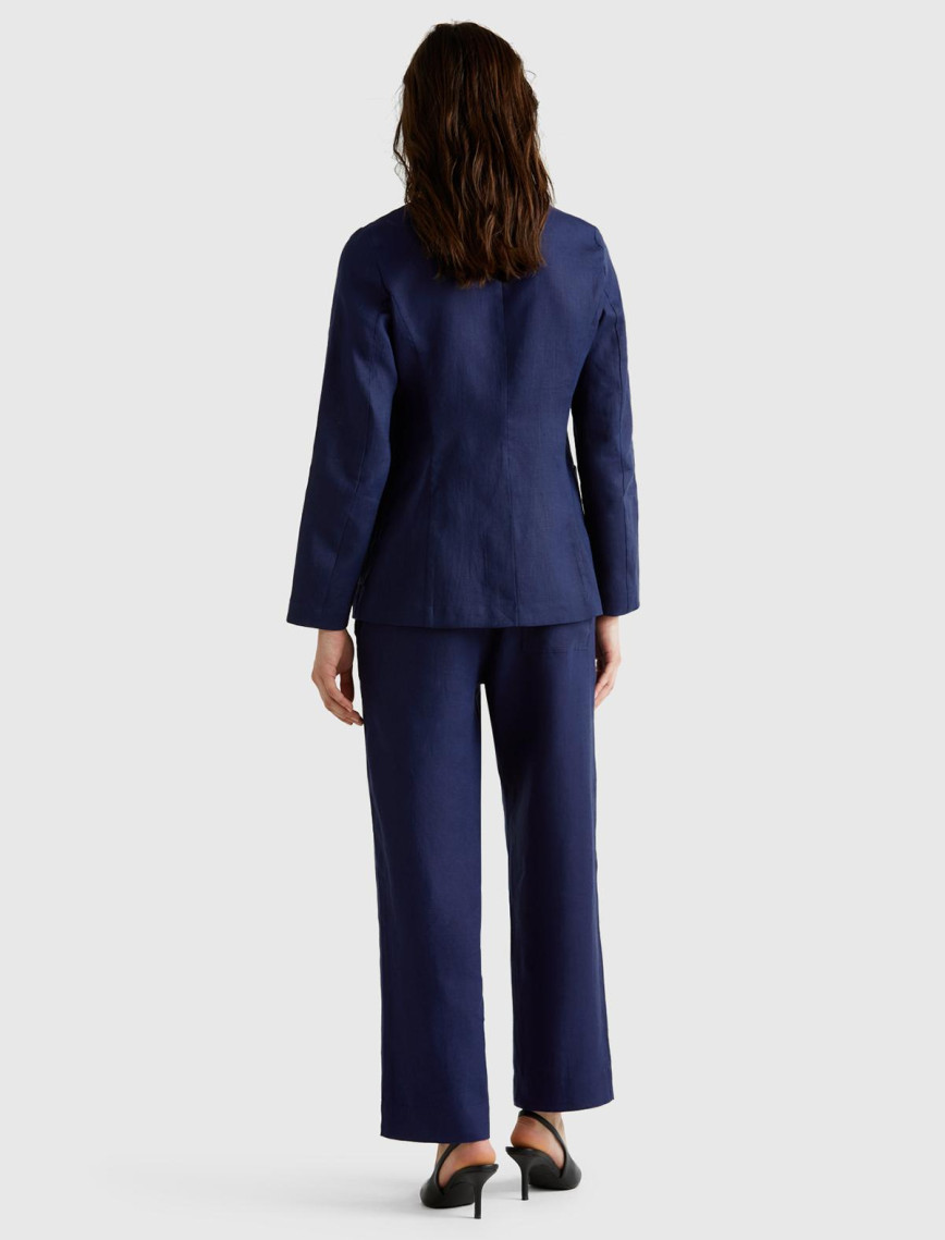 Kadın Lacivert %100 Keten Büzgü İpli Cepli  Pantolon