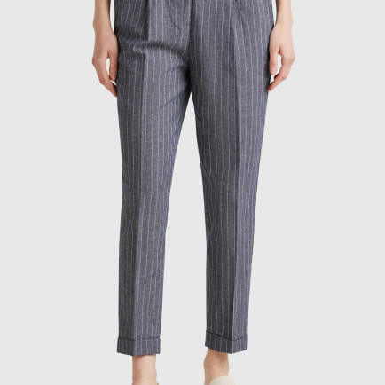 Kadın Lacivert Pamuk ve Keten Karışımlı İnce Çizgili Regular Fit Pantolon