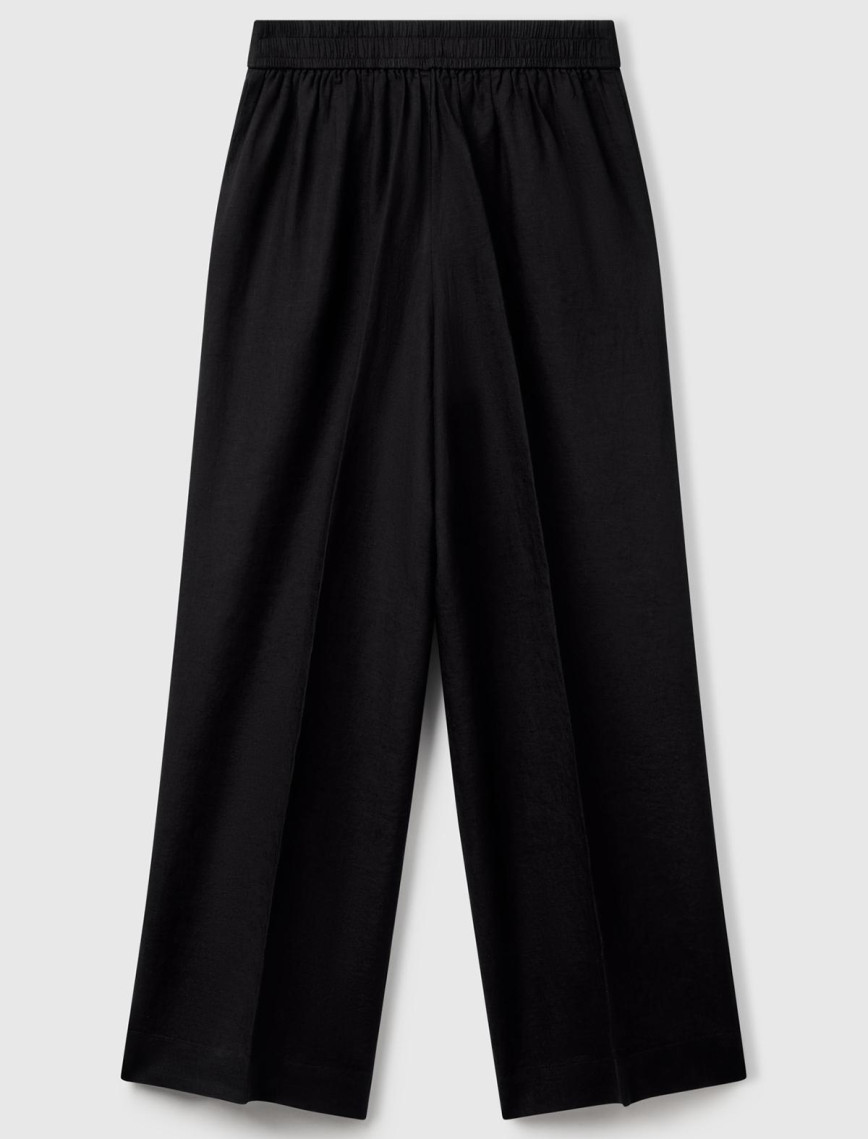 Kadın Siyah %100 Keten Yan Cepli Arka Beli Lastikli Palazzo Pantolon