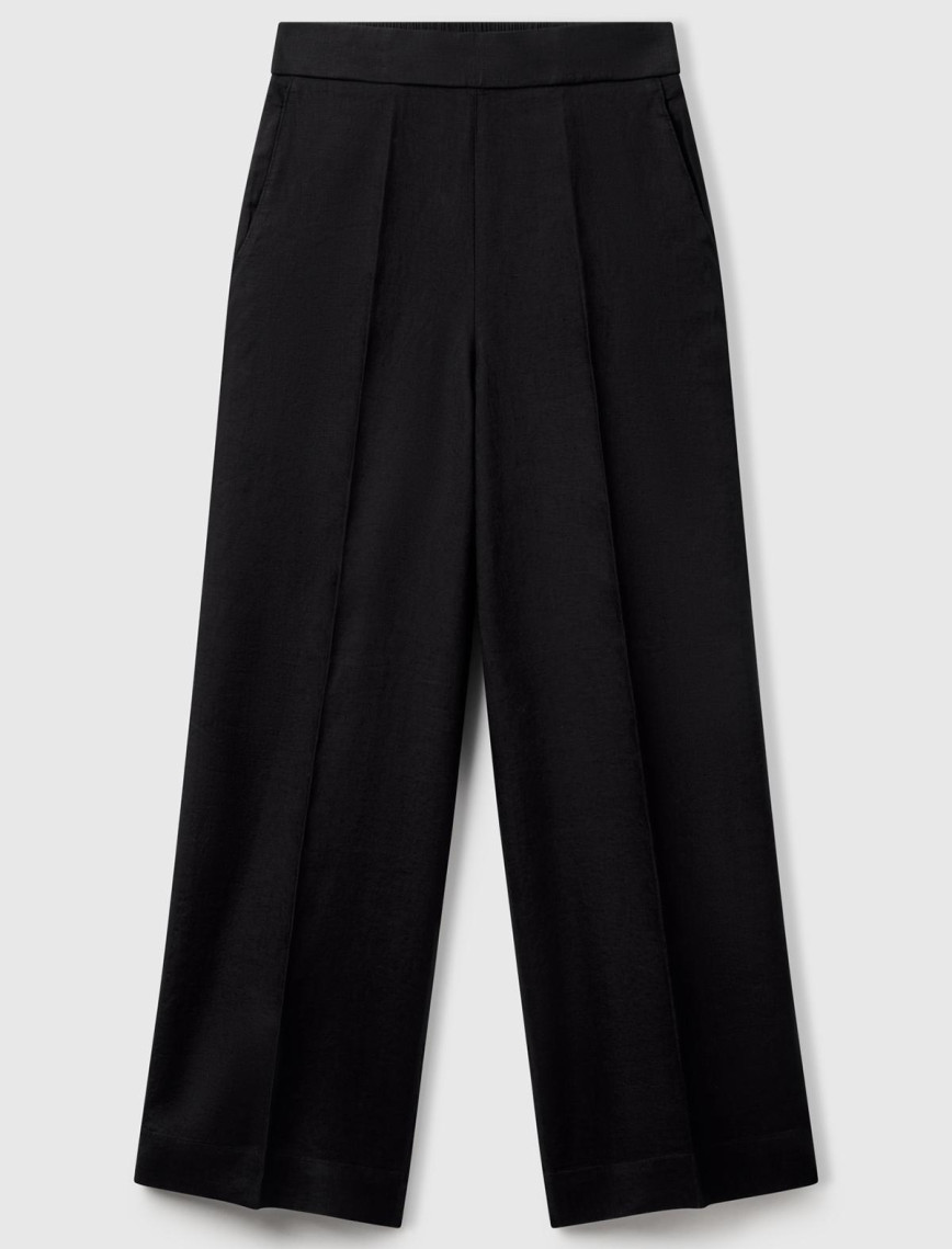 Kadın Siyah %100 Keten Yan Cepli Arka Beli Lastikli Palazzo Pantolon