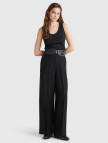 Kadın Siyah %100 Keten Yan Cepli Arka Beli Lastikli Palazzo Pantolon