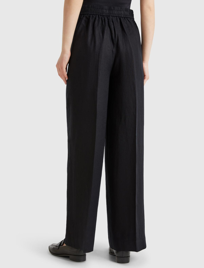 Kadın Siyah %100 Keten Yan Cepli Arka Beli Lastikli Palazzo Pantolon