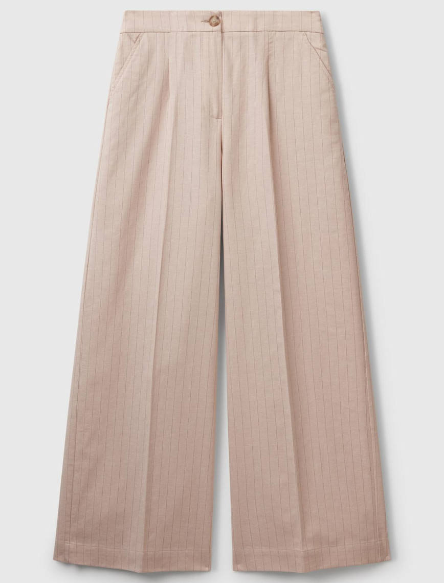 Kadın Bej Pamuk ve Keten Karışımlı İnce Çizgili Palazzo Pantolon Kadın Bej Pamuk ve Keten Karışımlı İnce Çizgili Palazzo Pantolon