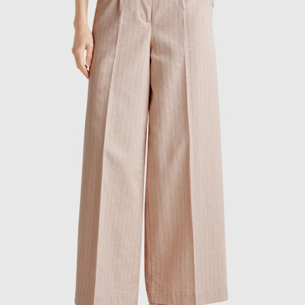 Kadın Bej Pamuk ve Keten Karışımlı İnce Çizgili Palazzo Pantolon