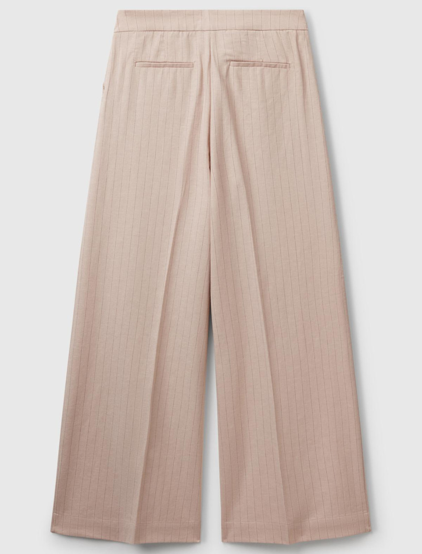 Kadın Bej Pamuk ve Keten Karışımlı İnce Çizgili Palazzo Pantolon Kadın Bej Pamuk ve Keten Karışımlı İnce Çizgili Palazzo Pantolon