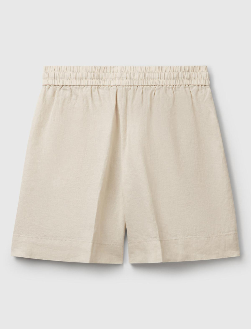 Kadın Taş Rengi %100 Keten Büzgü İpli Cepli Bermuda Şort