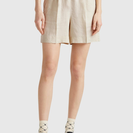 Kadın Taş Rengi %100 Keten Büzgü İpli Cepli Bermuda Şort Kadın Taş Rengi %100 Keten Büzgü İpli Cepli Bermuda Şort