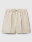 Kadın Taş Rengi %100 Keten Büzgü İpli Cepli Bermuda Şort