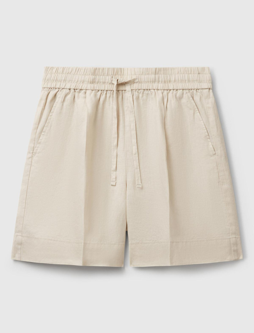 Kadın Taş Rengi %100 Keten Büzgü İpli Cepli Bermuda Şort