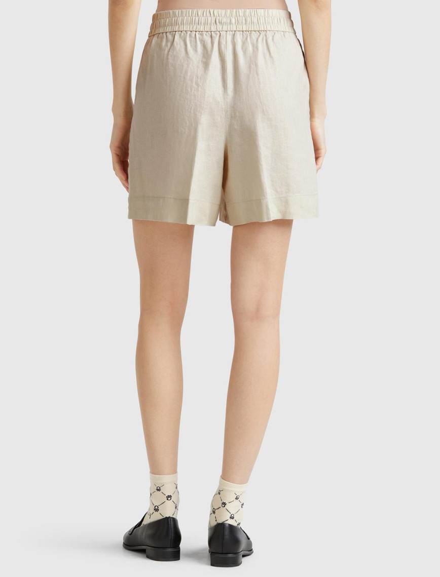 Kadın Taş Rengi %100 Keten Büzgü İpli Cepli Bermuda Şort