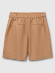 Kadın Bej %100 Keten Arka Beli Lastikli Pileli Relax Fit Bermuda Şort