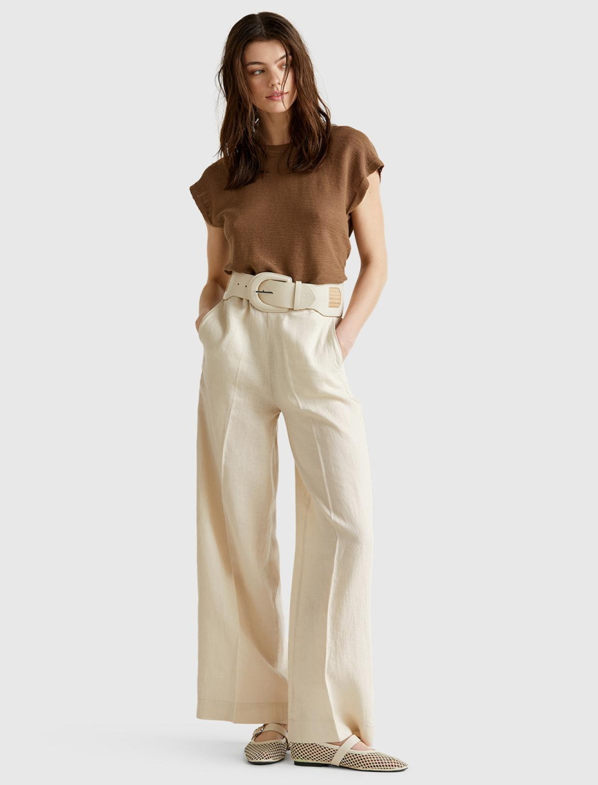 Kadın Taş Rengi %100 Keten Yan Cepli Arka Beli Lastikli Palazzo Pantolon Kadın Taş Rengi %100 Keten Yan Cepli Arka Beli Lastikli Palazzo Pantolon