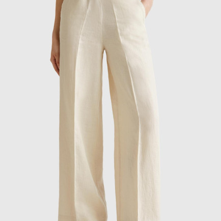 Kadın Taş Rengi %100 Keten Yan Cepli Arka Beli Lastikli Palazzo Pantolon