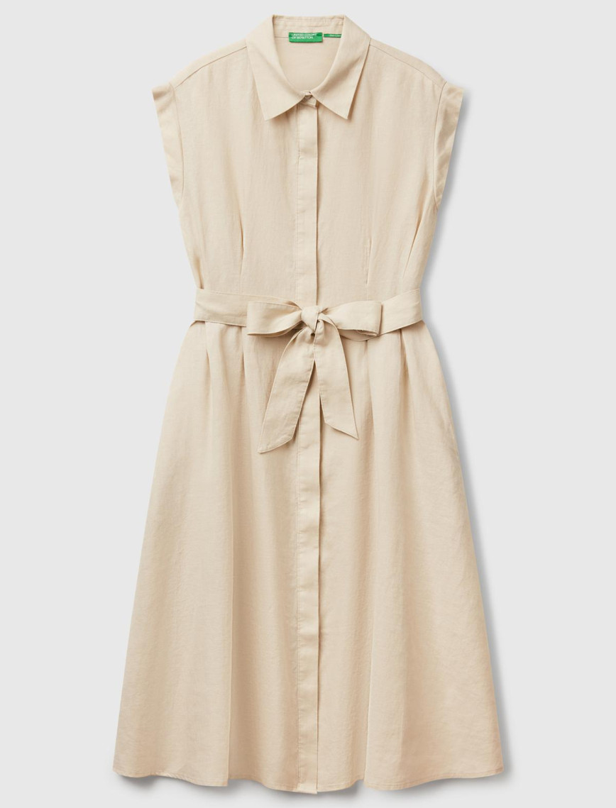 Kadın Taş Rengi %100 Keten Pileli Çıkarılabilir Kuşaklı Gömlek Elbise