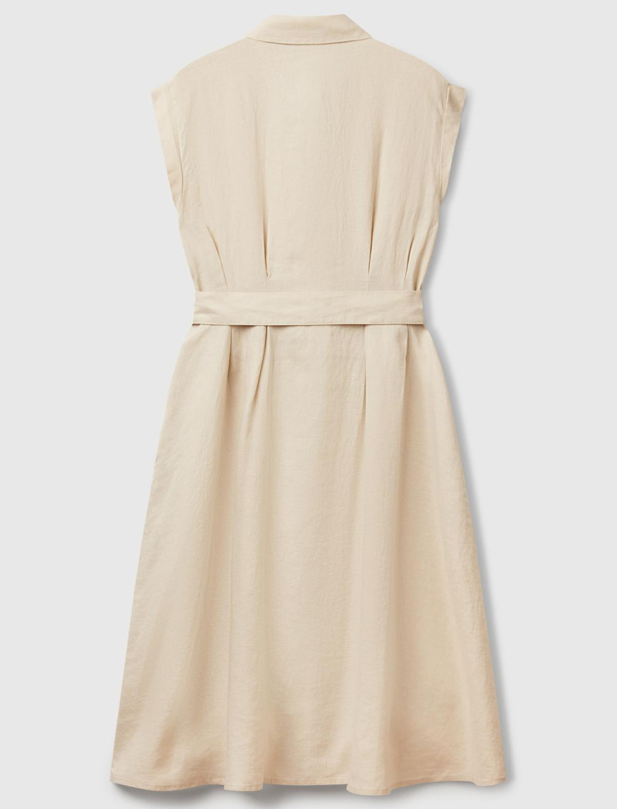 Kadın Taş Rengi %100 Keten Pileli Çıkarılabilir Kuşaklı Gömlek Elbise