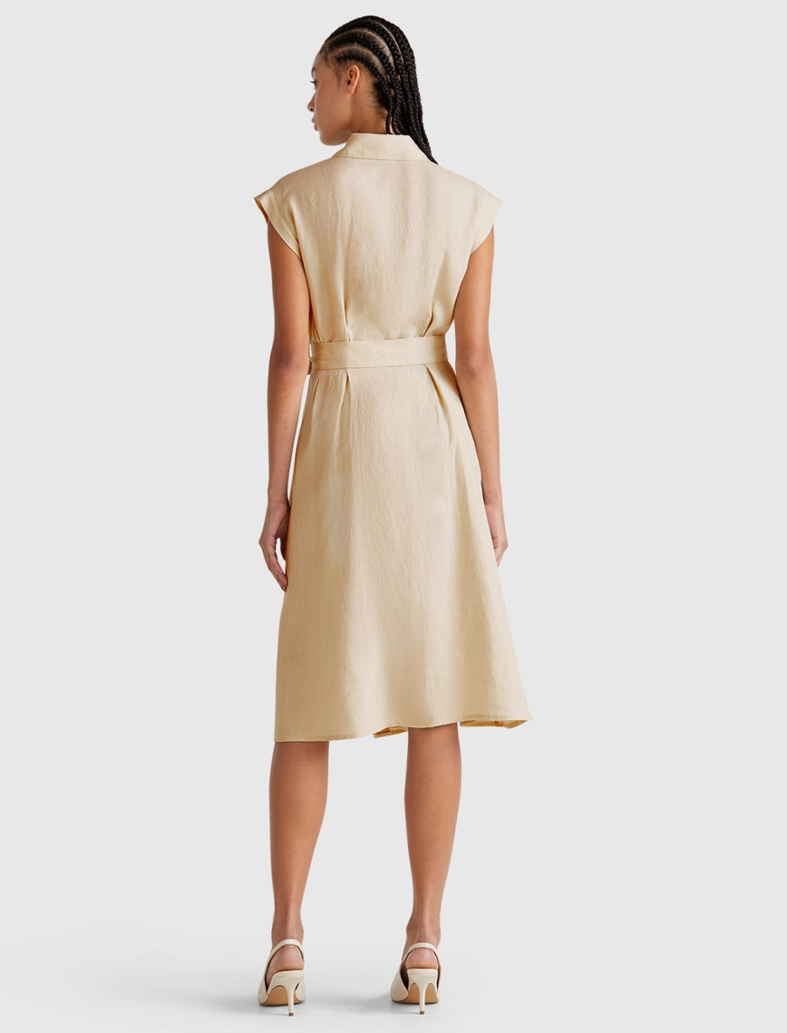 Kadın Taş Rengi %100 Keten Pileli Çıkarılabilir Kuşaklı Gömlek Elbise